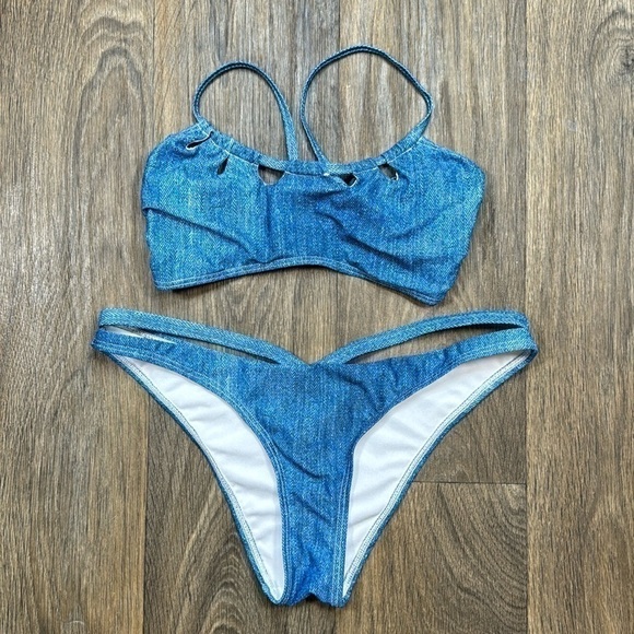 Blue Denim Print Bikini Set - Picture 1 of 8